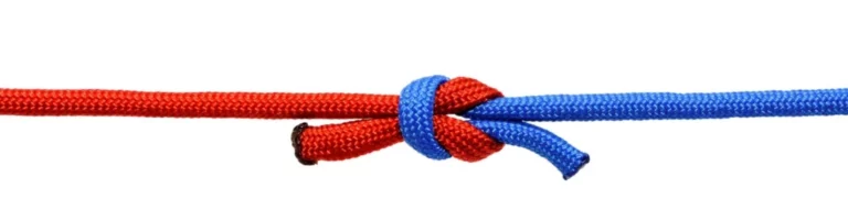 a red rope and a blue rope tied together a knot to represent the relationship between mental illness and substance misuse