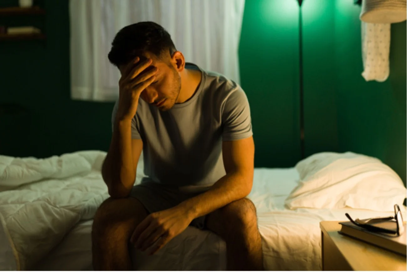 Depressed man sits on a bed, holding his hand to his head