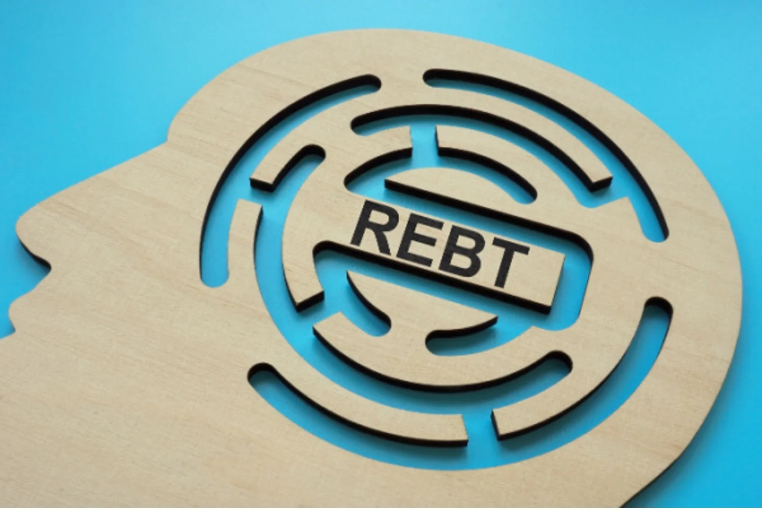 Wooden cutout of face silhouette with maze and letters “REBT” carved in the center