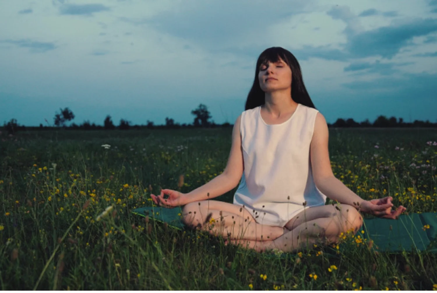 Young woman meditates peacefully in a grass field