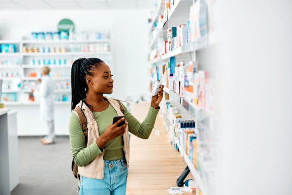 Young woman in a pharmacy inspects a medication