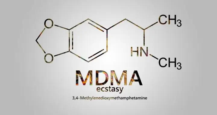 Diagram of MDMA molecule with the words “MDMA” and “ecstasy”