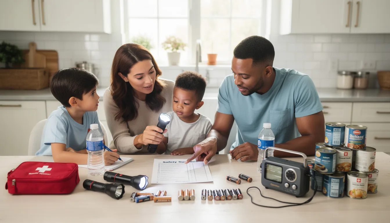 The image shows a family gathered around a kitchen table, engaged in a serious discussion about safety supplies, including naloxone and fentanyl test strips, to prepare for potential opioid overdose situations. They appear concerned about the risks associated with illicit drugs and the importance of having these supplies on hand to save lives in case of an emergency.