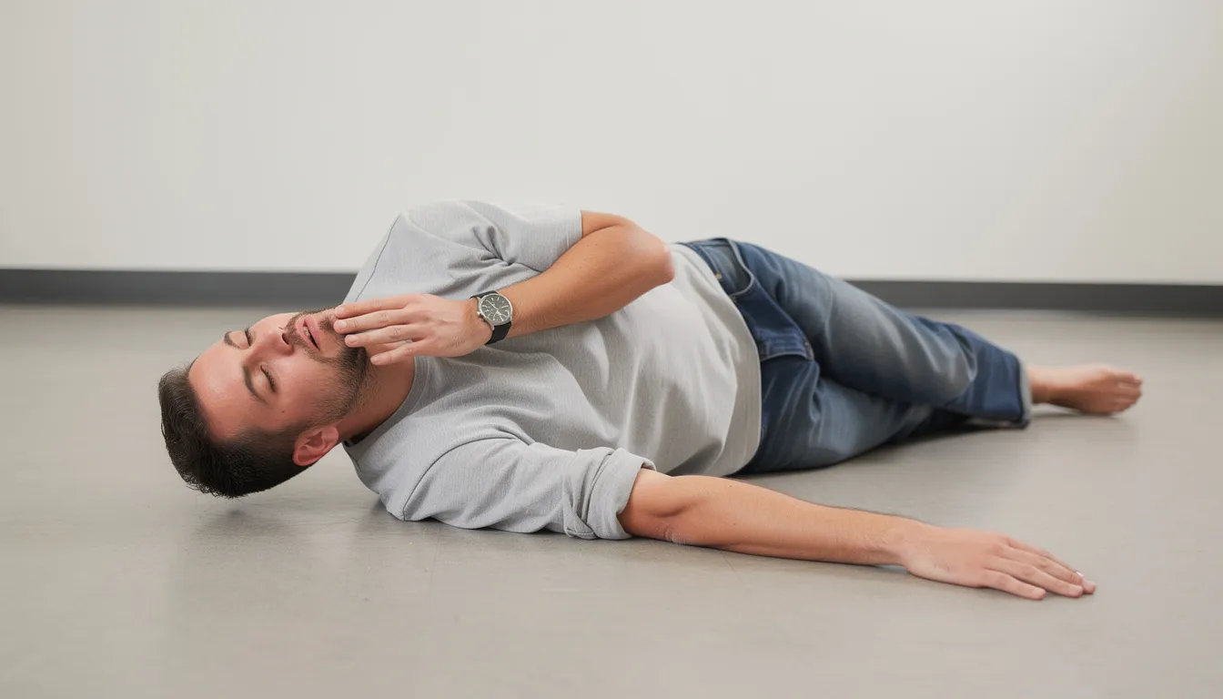 The image shows a person lying on their side in the recovery position on the floor, a crucial step in responding to an opioid overdose. This position helps maintain an open airway and can be vital in preventing fatal overdose, especially when naloxone is administered, especially for when users are trying to understand does narcan work on fentanyl.