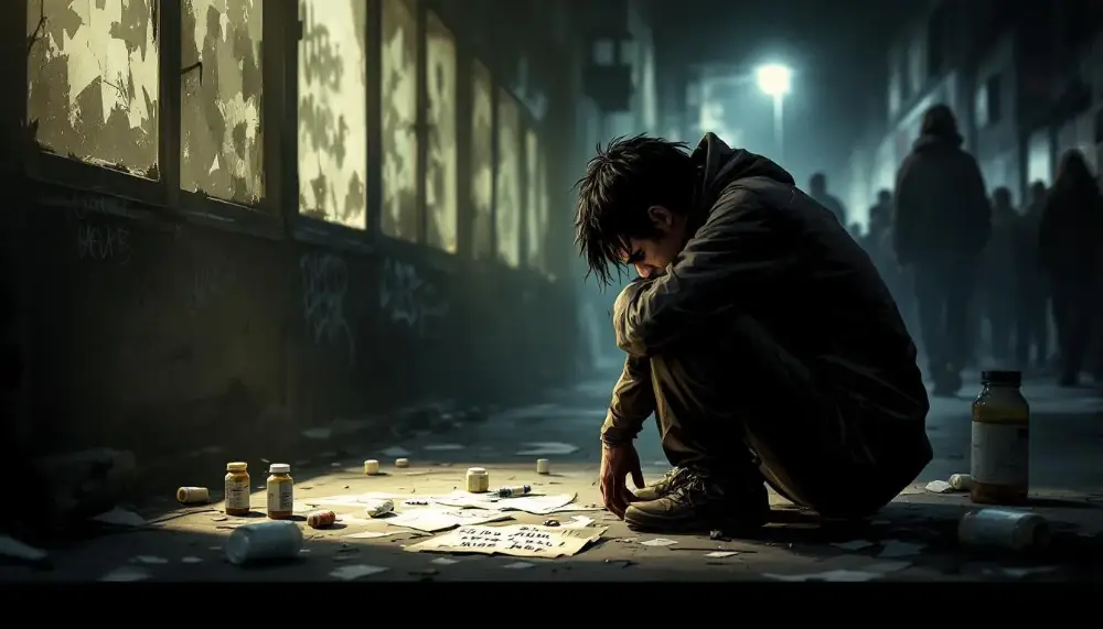 An illustration depicting the root causes of drug addiction, including environmental and psychological factors.