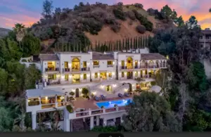 Aerial view of a luxury high end rehab in California, which is home to one of five Legacy Healing Center private luxury rehabs in Los Angeles, featuring Mediterranean architecture and a serene pool terrace.