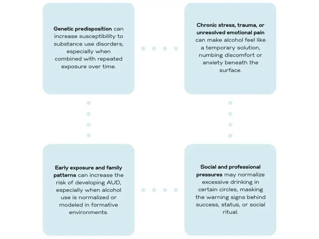 Infographic illustrating four root causes of alcohol use disorder (AUD): genetic predisposition, chronic stress or unresolved emotional pain, early exposure and family patterns, and social or professional pressures. Each cause is presented in a rounded light-blue box with concise text, visually connected by dotted lines.