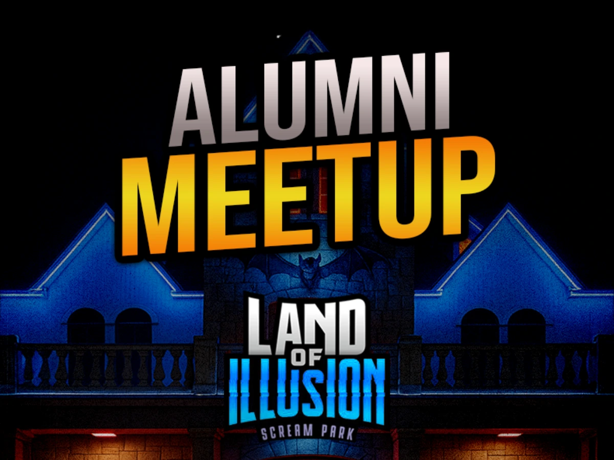 Flyer for Legacy Healing Center Alumni Meetup at Land of Illusion Scream Park. Haunted house theme with shocked faces in front. Event is Saturday, October 4, 2025, 7:00 PM in Middletown, OH. RSVP with Dennis or Jessica.