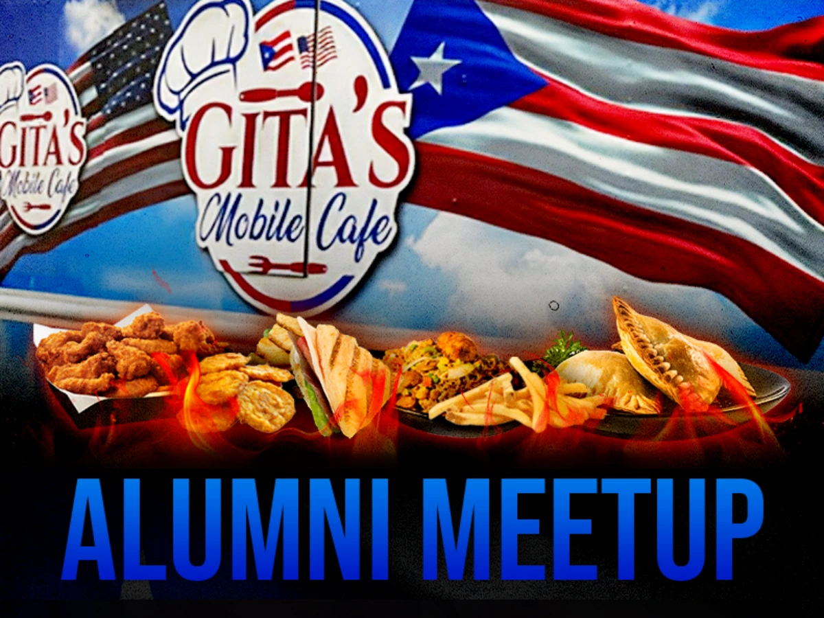 Flyer for Alumni Meetup with Gita’s Mobile Café food truck. Features images of empanadas, wings, tostones, and fries. Event is Friday, September 12, 2025, 7:00 PM in Cherry Hill, NJ. RSVP with Dennis or Bri.