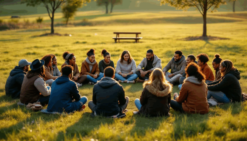 The image depicts a diverse group of individuals engaged in a supportive therapy circle, fostering an environment of understanding and connection for those experiencing various mental health conditions, including schizophrenia and other psychotic disorders. Participants share their experiences and offer support, highlighting the importance of mental health care and community in managing symptoms and improving social functioning.