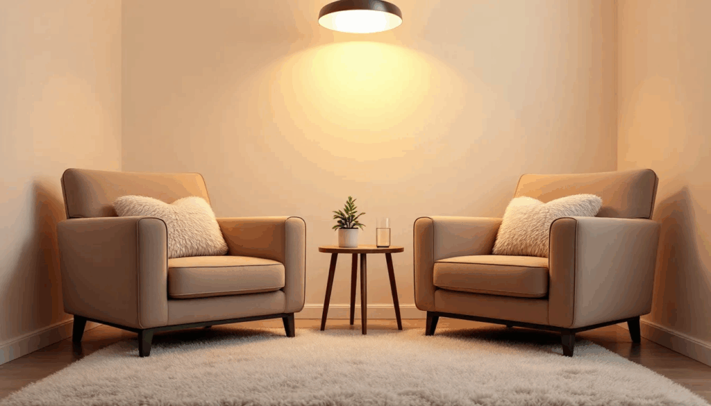 The image depicts a serene therapy room designed for trauma-focused treatments, featuring comfortable chairs and soft, calming lighting that creates a safe and supportive environment for individuals coping with PTSD symptoms and traumatic experiences. This peaceful setting is ideal for various therapeutic approaches, including cognitive behavioral therapy and trauma-informed care.