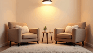 The image depicts a serene therapy room designed for trauma-focused treatments, featuring comfortable chairs and soft, calming lighting that creates a safe and supportive environment for individuals coping with PTSD symptoms and traumatic experiences. This peaceful setting is ideal for various therapeutic approaches, including cognitive behavioral therapy and trauma-informed care.