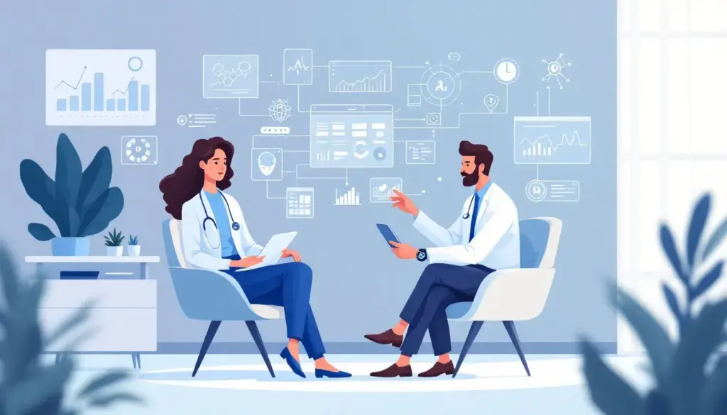 Two healthcare professionals discuss patient data using digital tablets, with AI-driven analytics visualized in the background to support opioid use disorder screening and treatment planning.