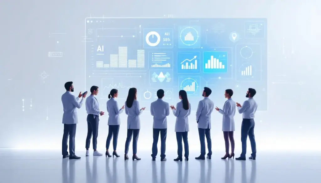 A team of healthcare professionals reviews data dashboards displaying charts and analytics related to AI screening for opioid use disorder and patient outcomes.