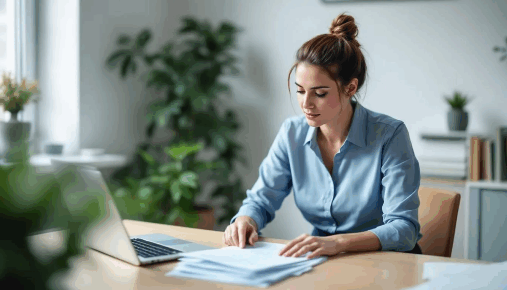 A woman sits at a table, reviewing documents that represent her exploration of United Healthcare insurance benefits for addiction treatment. This scene highlights the importance of understanding healthcare insurance coverage for drug and alcohol rehab services, including options for luxury outpatient rehab and inpatient rehabilitation.