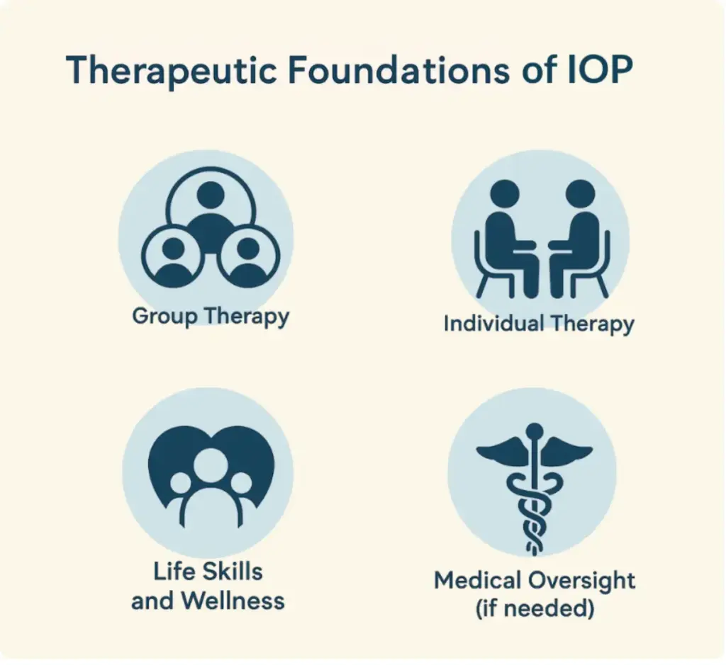 Infographic outlining the core therapeutic components of an Intensive Outpatient Program (IOP), including group therapy, individual therapy, family involvement, life skills and wellness, and medical oversight.