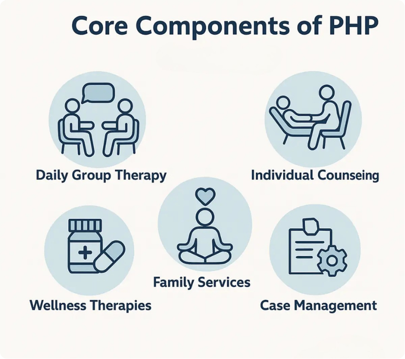 Infographic showing core components of a Partial Hospitalization Program for addiction therapy, including group therapy, individual counseling, medication management, wellness therapies, family services, and case management.