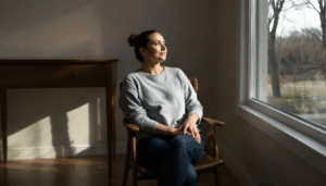 A person sits in deep contemplation by a window, illuminated by natural light, reflecting on the complexities of life and the potential risks of developing substance use disorders. Their expression hints at the emotional regulation challenges faced by individuals with addictive personalities, highlighting the importance of healthier coping mechanisms and support in the journey of addiction recovery.
