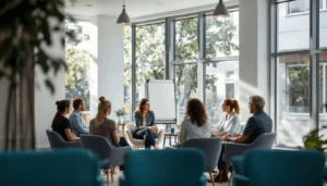 The image depicts a supportive environment illustrating what is a partial hospitalization program, where adult patients engage in group therapy sessions led by mental health professionals. Participants are seen discussing their experiences and practicing skills for recovery, highlighting the structured environment designed for mental health treatment and support.
