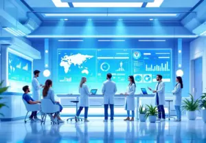 Conceptual graphic showing artificial intelligence supporting opioid use disorder screening and treatment