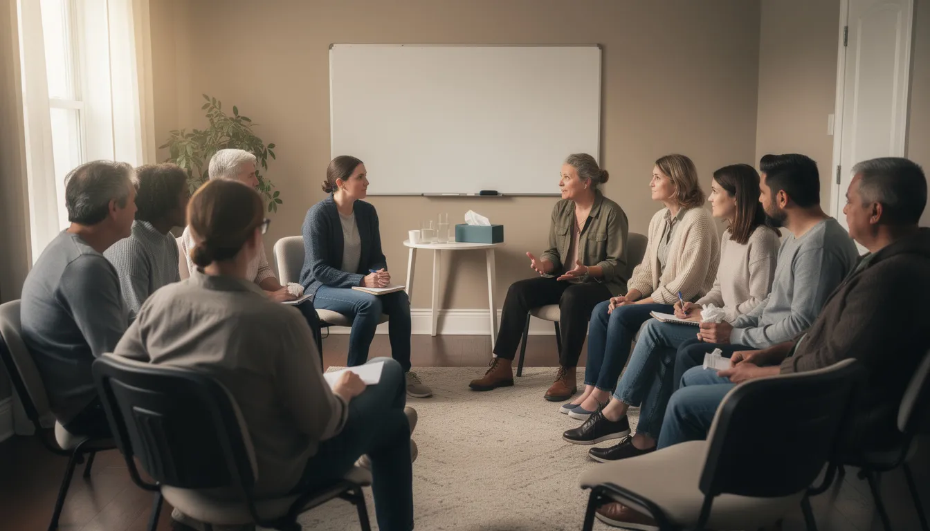 The image depicts a group of individuals sitting in a circle, engaged in a support group meeting focused on mental health and addiction recovery. They are sharing their experiences and coping strategies, fostering a supportive environment that emphasizes the importance of self care and emotional well-being in their recovery journeys.
