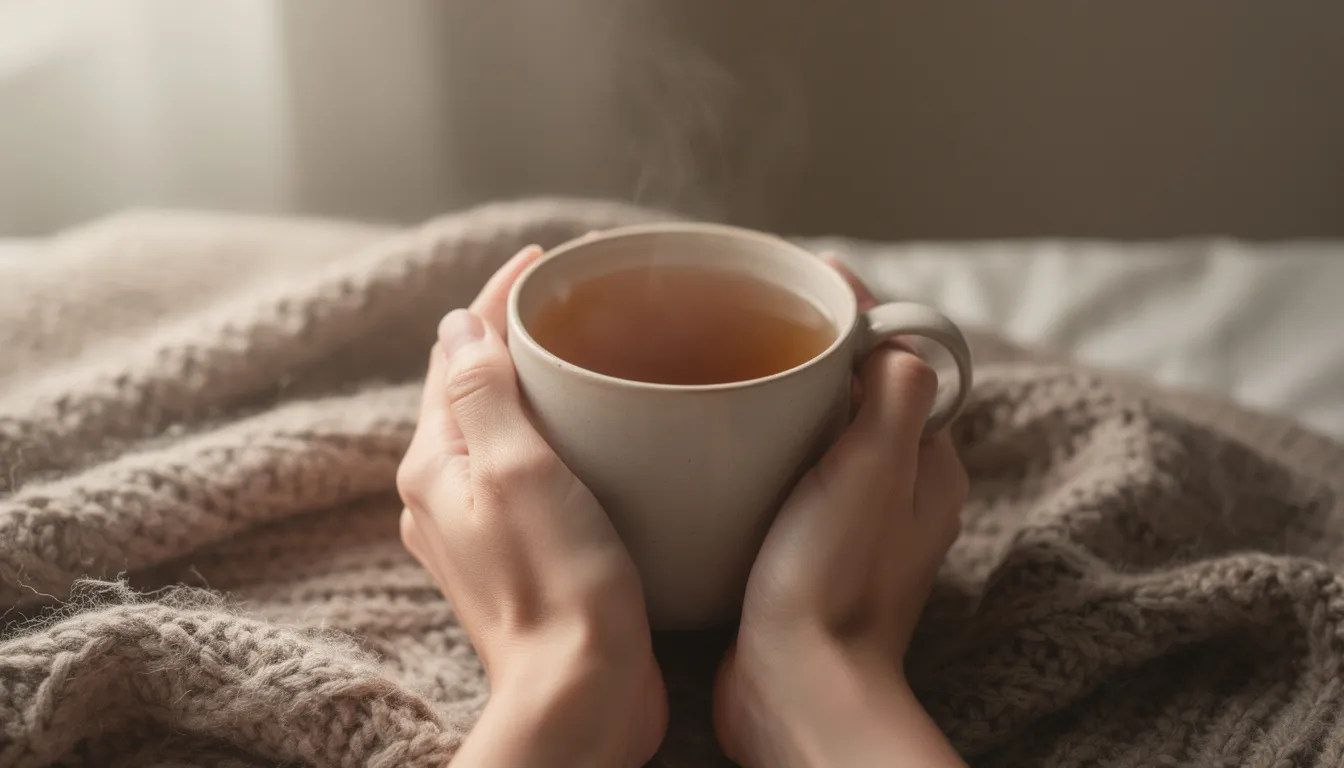The image depicts hands gently cradling a warm beverage, symbolizing comfort and mindfulness during the early stages of sobriety. This moment of self-care reflects the importance of seeking support and coping mechanisms on the recovery journey, reminding individuals that while quitting drinking can feel challenging, it is a lifelong process that can lead to a fulfilling sober life.