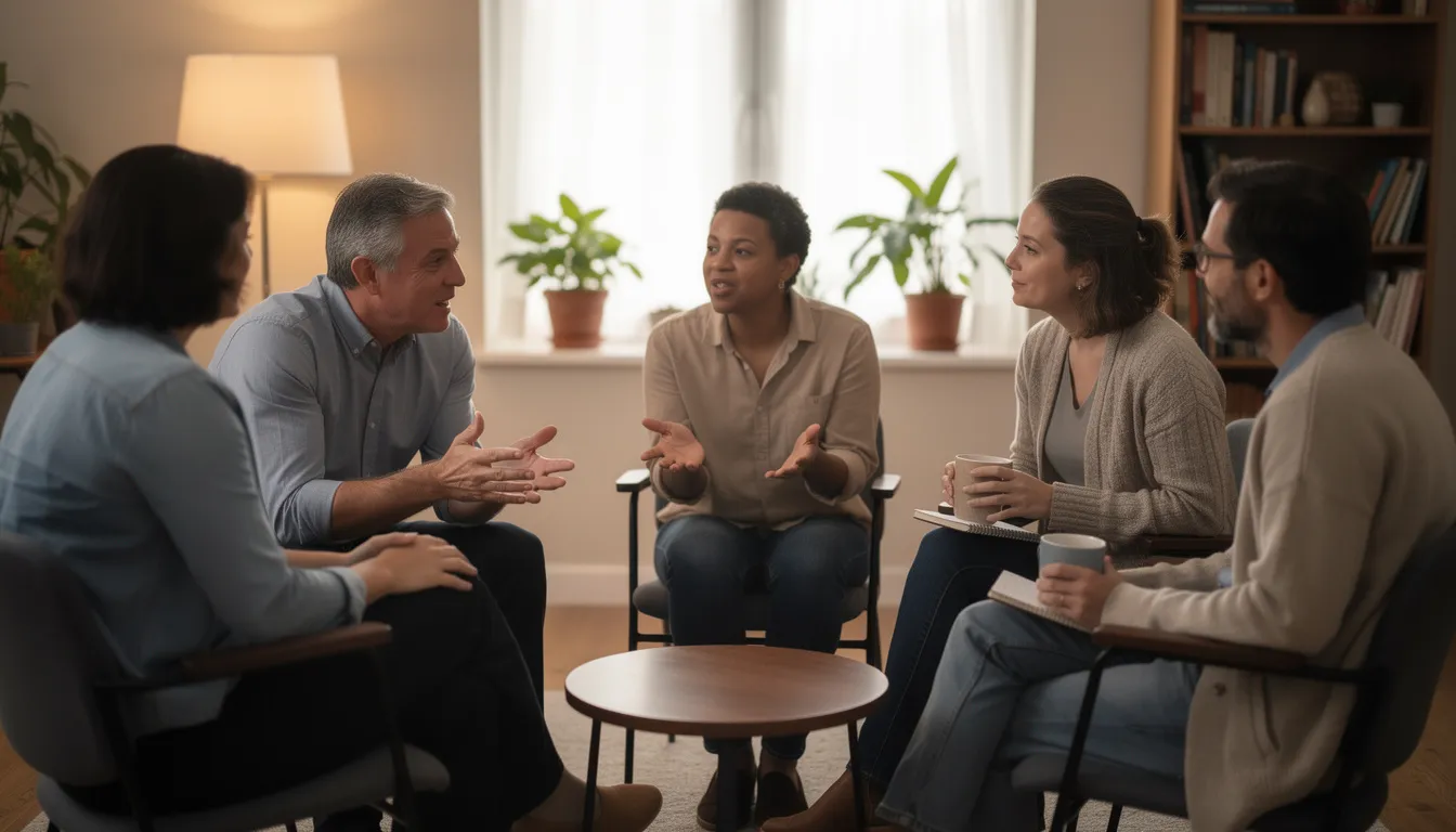A small support group meeting is taking place in a circle, where individuals are actively engaging in conversation and connecting with one another. This gathering represents an important step in their recovery journey as they seek support from like-minded individuals while navigating the challenges of quitting drinking alcohol and managing withdrawal symptoms.