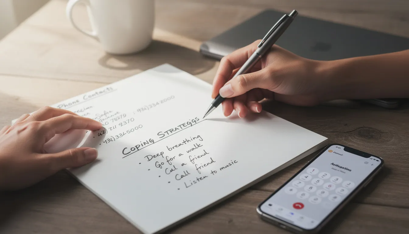 A person's hands are seen writing a list that includes phone contacts and various coping strategies, emphasizing effective stress management techniques for maintaining mental well-being and supporting addiction recovery. This visual highlights the importance of having a support system and healthy ways to cope with stress in daily life.
