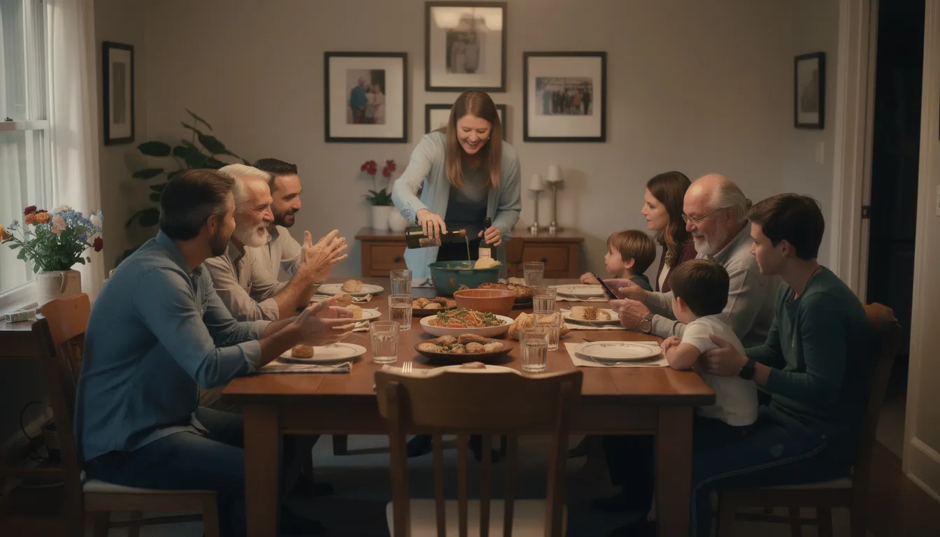 The image depicts a family dinner scene from a distance, capturing the dynamics of social gathering as people interact around a table filled with a balanced diet of healthy foods. This setting reflects the importance of supportive environments in managing mental health challenges and fostering connections during the recovery journey from alcohol use disorder.