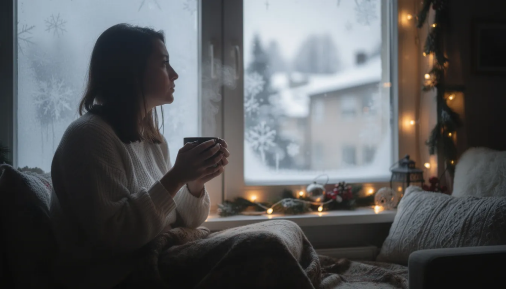 A person sits pensively by a window during the winter holidays, reflecting on their emotional challenges and the journey of early sobriety. The contemplative mood captures the complexities of mental health, as they navigate feelings of depression and seek a fulfilling life amidst the cold season.