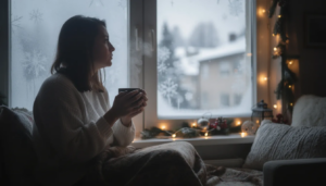 A person sits pensively by a window during the winter holidays, reflecting on their emotional challenges and the journey of early sobriety. The contemplative mood captures the complexities of mental health, as they navigate feelings of depression and seek a fulfilling life amidst the cold season.