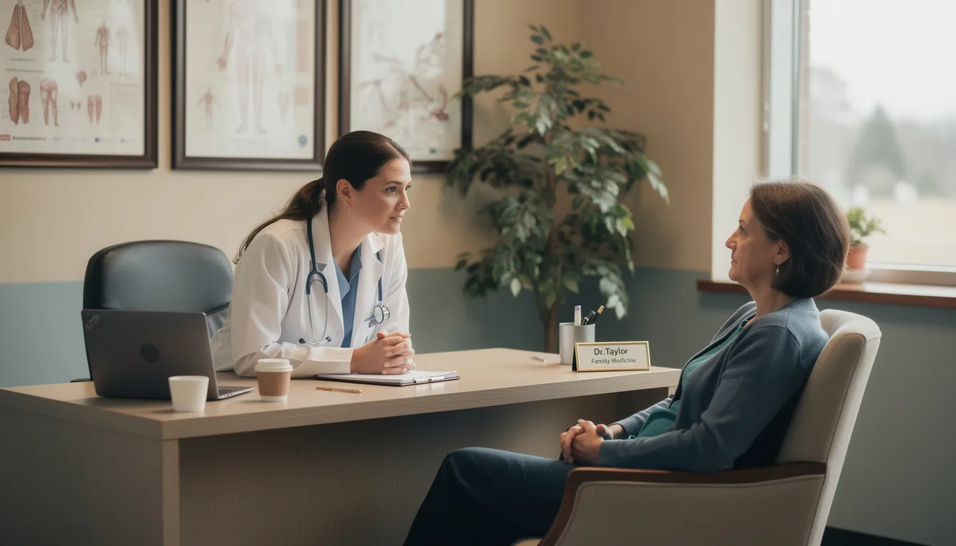 A medical professional is engaged in a caring consultation with a patient in a comfortable office setting, discussing treatment options for opioid use disorder and addressing the patient's concerns about withdrawal symptoms and addiction. The atmosphere reflects a supportive environment, emphasizing the importance of mental health services in managing substance abuse and promoting recovery.