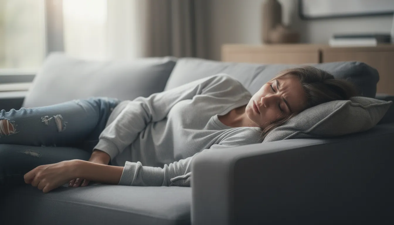 A person is resting on a couch, appearing fatigued and overwhelmed, with soft natural light streaming in through a nearby window. This scene may reflect the challenges of withdrawal from Adderall, as they experience common withdrawal symptoms such as extreme fatigue and mood swings during the detox process.