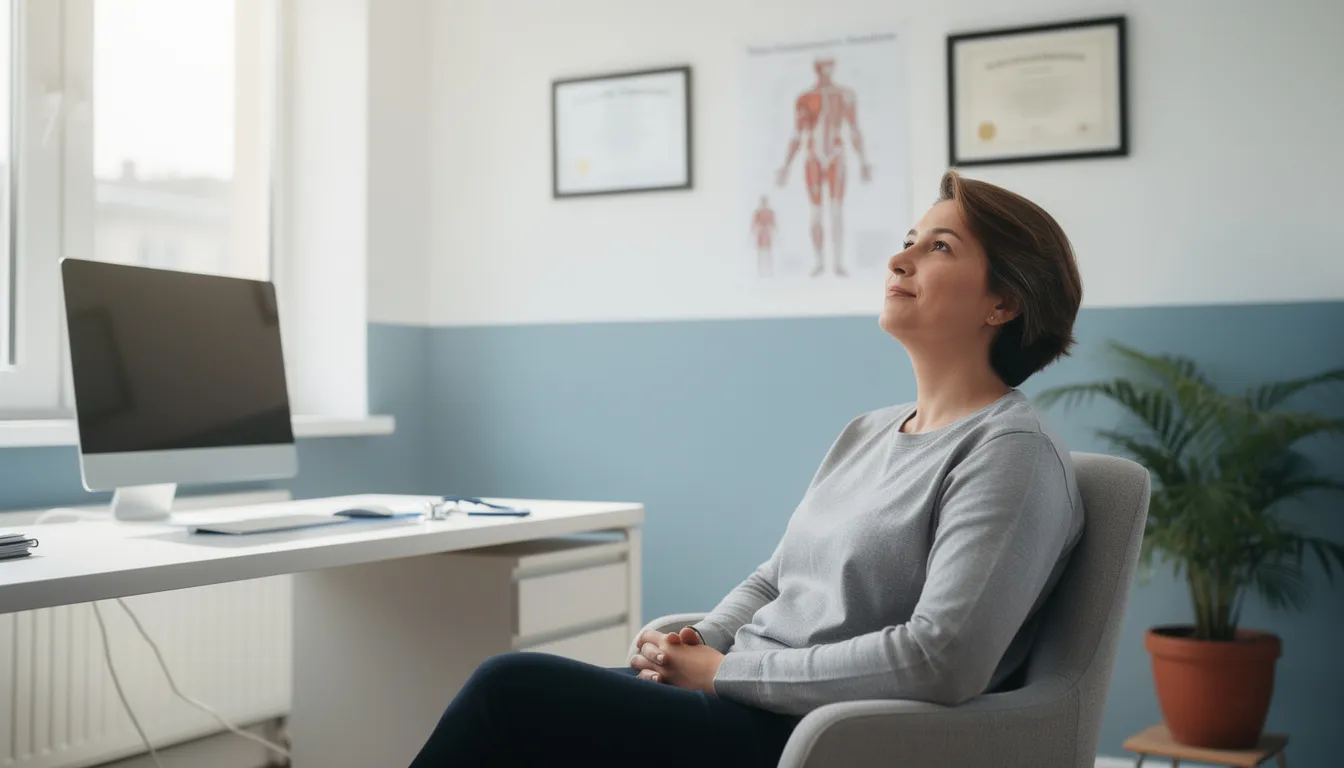 The image depicts a person sitting calmly in a doctor's office, exuding a sense of hope as they engage in a conversation about their alcohol treatment options. This setting emphasizes the importance of seeking help for alcohol use disorder and the supportive role of healthcare providers in the recovery process.