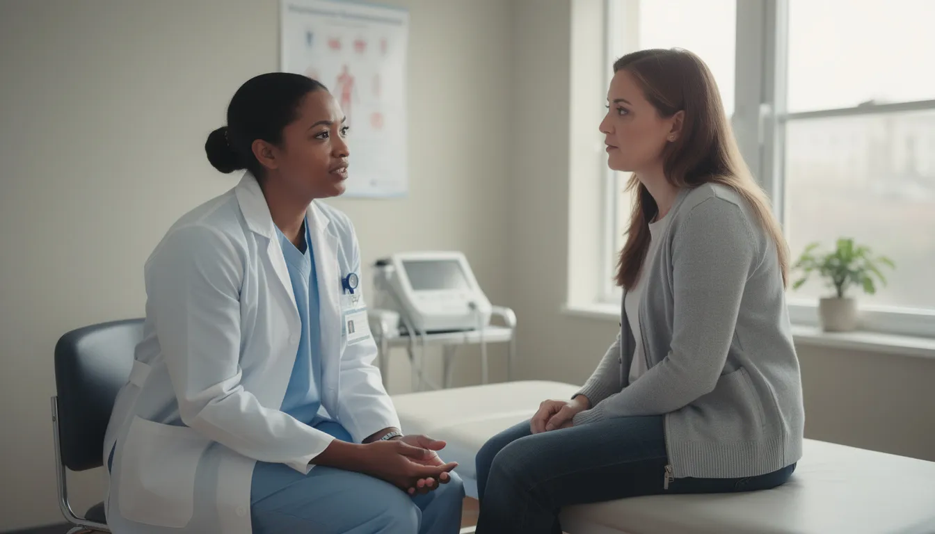 The image depicts a compassionate medical professional engaging in a calm conversation with a patient in a clinical setting, emphasizing the importance of discussing treatment plans for opioid use disorder and addressing concerns related to withdrawal symptoms and pain relief. The environment reflects a supportive atmosphere for individuals dealing with opioid addiction and substance abuse issues.