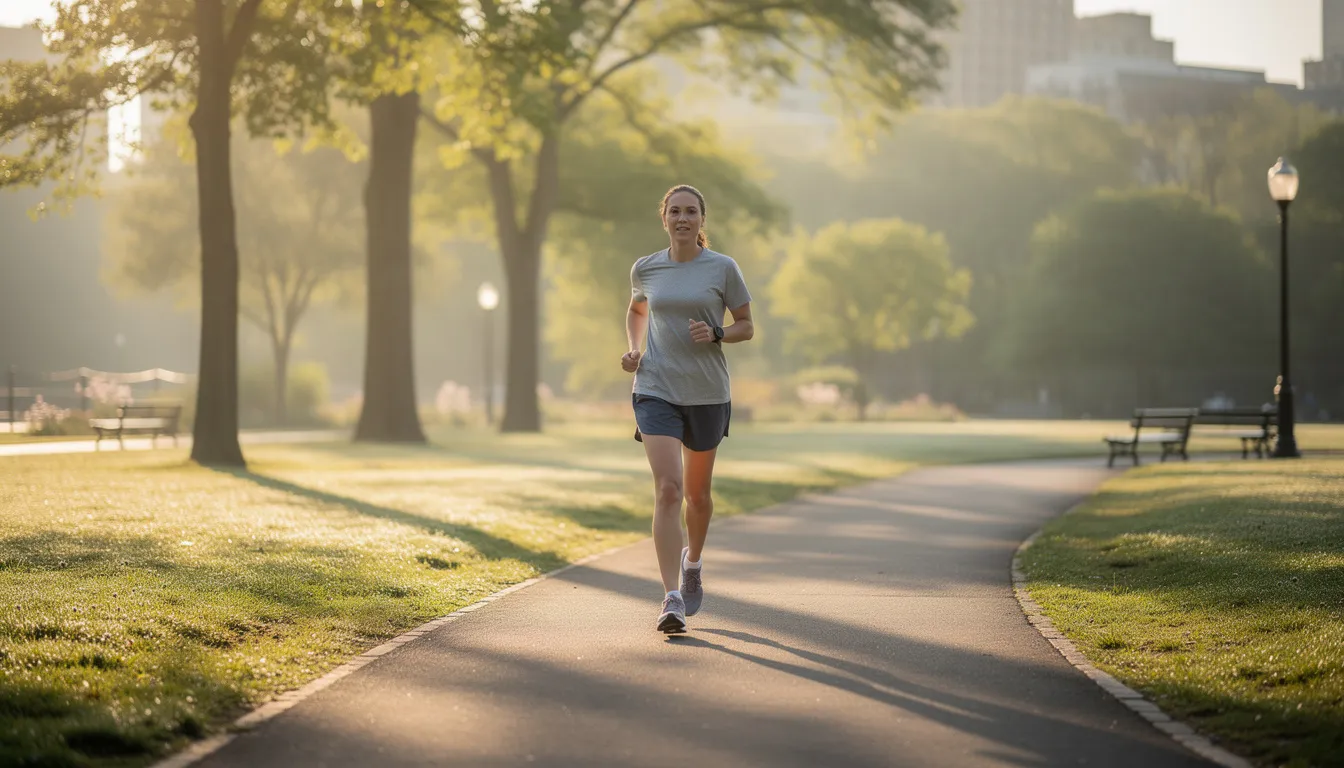 A person is walking in a park during the morning sunlight, engaging in outdoor exercise, which can help improve sleep quality and manage withdrawal symptoms for those in early recovery from alcohol use disorder. The serene environment may also promote restful sleep and alleviate insomnia symptoms associated with alcohol withdrawal.
