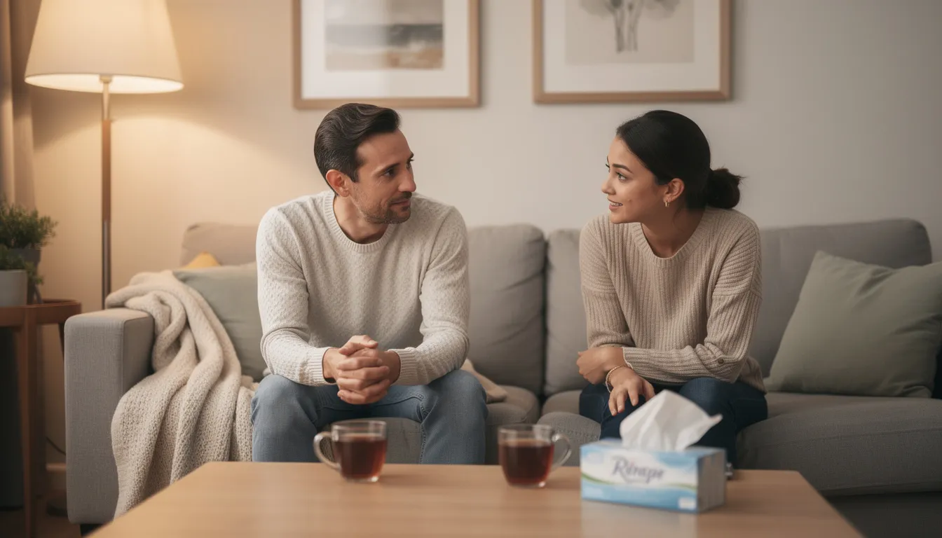 The image depicts two individuals engaged in a warm, supportive conversation in a cozy setting, embodying the essence of practicing gratitude and emotional well-being during their recovery journey. Their positive mindset and mutual support highlight the importance of meaningful connections in overcoming challenges and fostering personal growth.