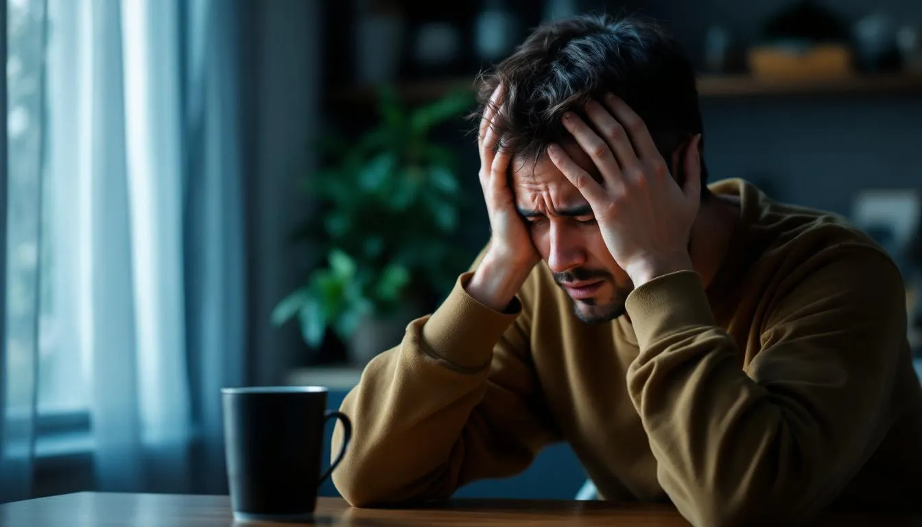 A person is holding their head and appears fatigued, illustrating the physical toll of gray area drinking and the challenges associated with excessive alcohol consumption. This image reflects the struggles faced by gray area drinkers dealing with the impact of their drinking habits on daily life and mental health.