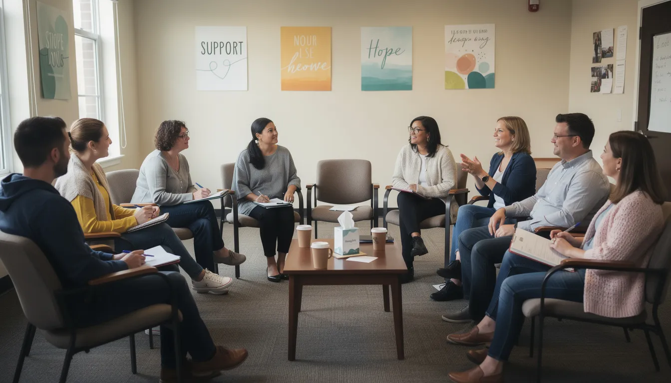 A group of support members sits in a circle, sharing their experiences and resources related to addiction recovery. This safe space fosters emotional support and understanding among family members coping with a loved one's addiction, highlighting the importance of community reinforcement and family involvement in the recovery journey.