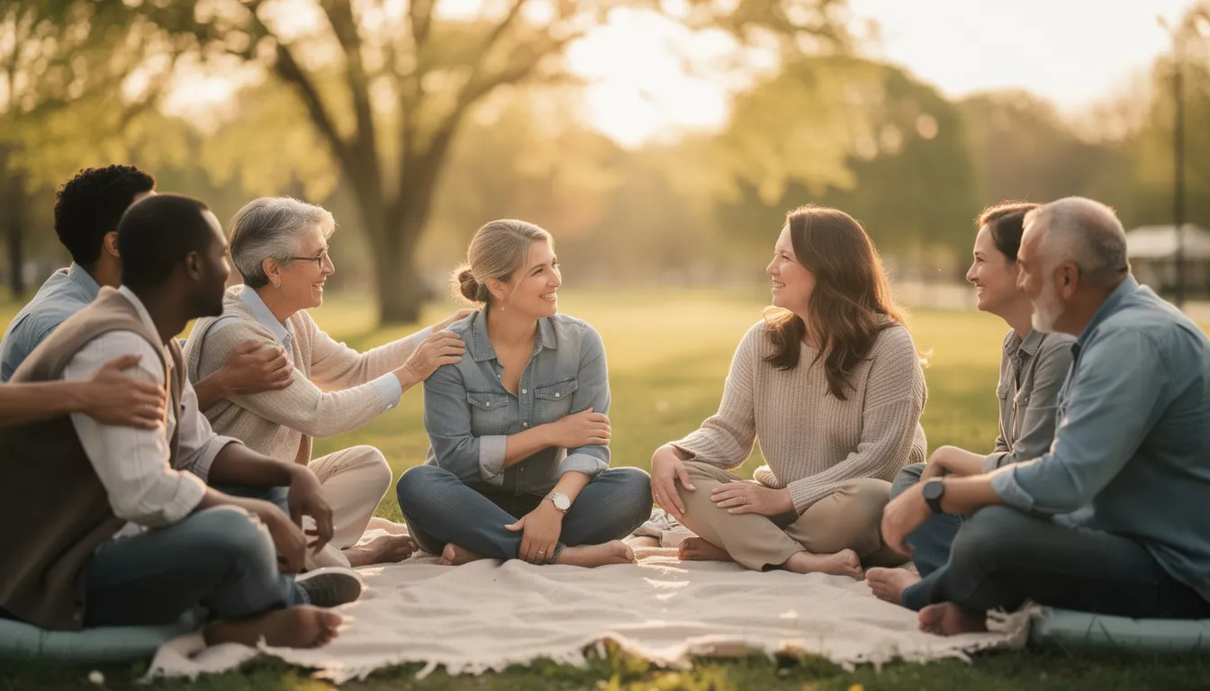 The image depicts a supportive group of people gathered in a comfortable outdoor setting, radiating recovery and hope. Their camaraderie highlights the importance of mental health services and community support in overcoming opioid addiction and related challenges.