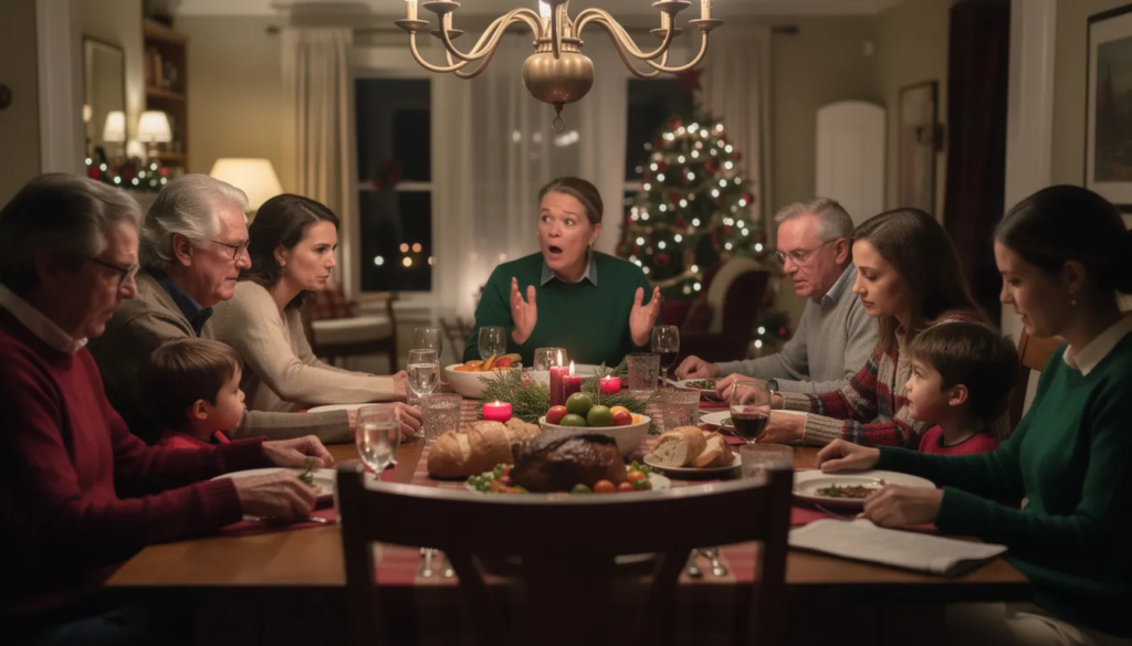 A family is gathered around a holiday dinner table, displaying mixed expressions of tension and hope as they navigate their loved one's addiction recovery journey. The scene reflects the emotional complexity of families coping with substance use disorder, highlighting the importance of support and communication within the entire family unit.