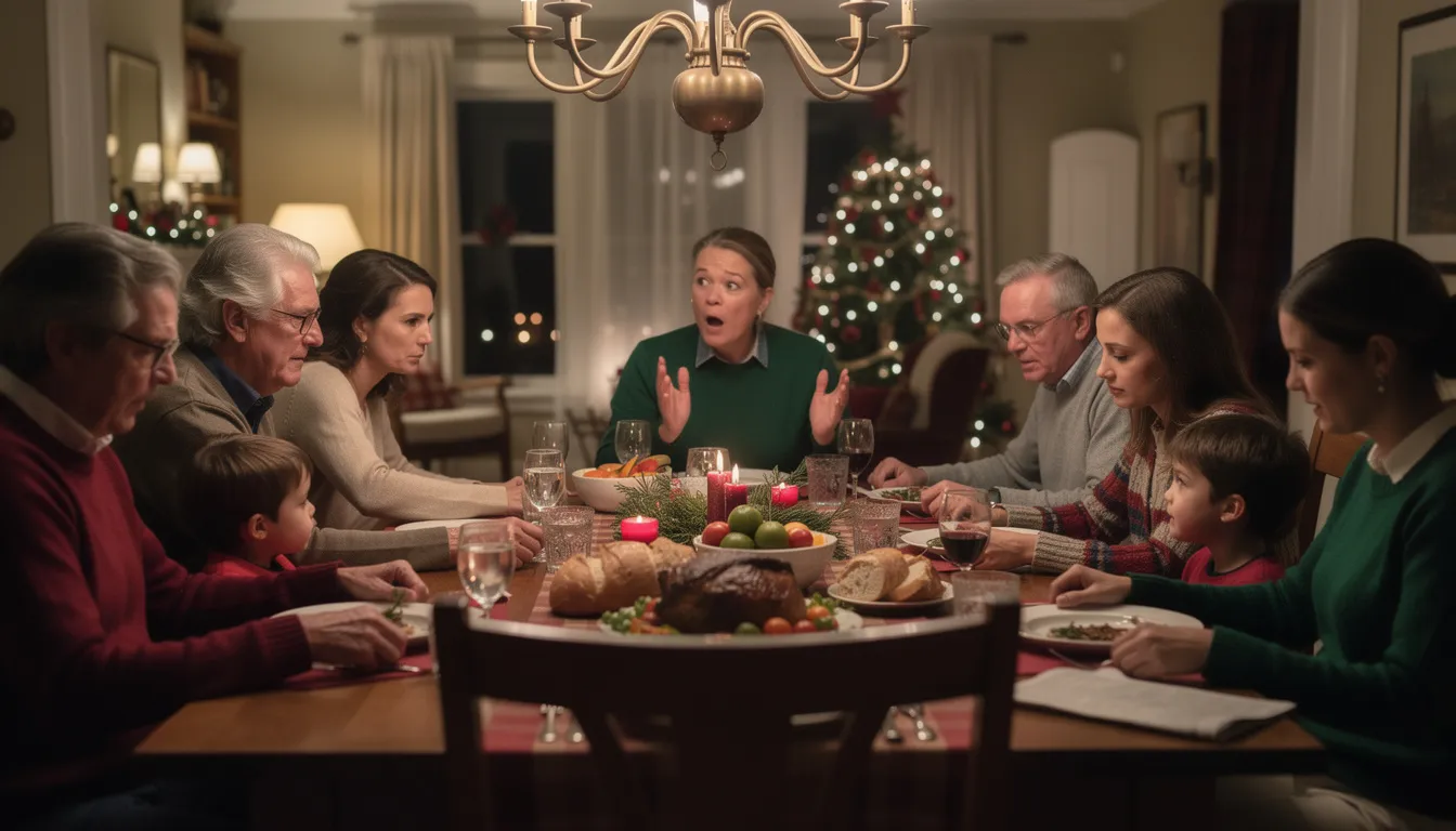 A family is gathered around a holiday dinner table, displaying mixed expressions of tension and hope as they navigate their loved one's addiction recovery journey. The scene reflects the emotional complexity of families coping with substance use disorder, highlighting the importance of support and communication within the entire family unit.