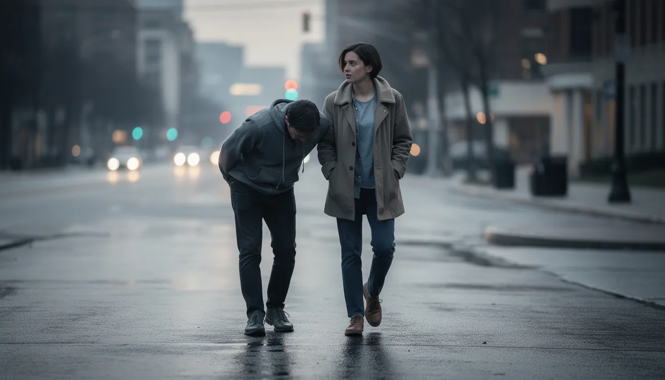 The image depicts two people walking side by side, with one individual appearing to carry the weight of the other, symbolizing the emotional imbalance often found in codependent relationships. This visual representation highlights themes of unhealthy relationship dynamics and the struggle for maintaining healthy boundaries while navigating complex family dynamics.