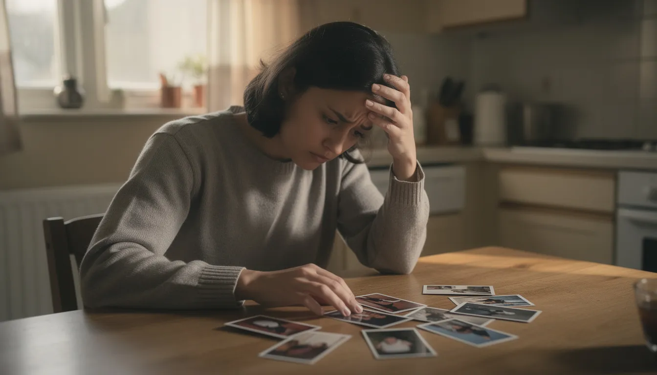 A concerned family member sits at a kitchen table, looking through photos with a worried expression, reflecting on the struggles of a loved one facing substance use disorder and the need for comprehensive treatment options for drug or alcohol addiction. This moment captures the emotional weight of seeking help and understanding the recovery journey.