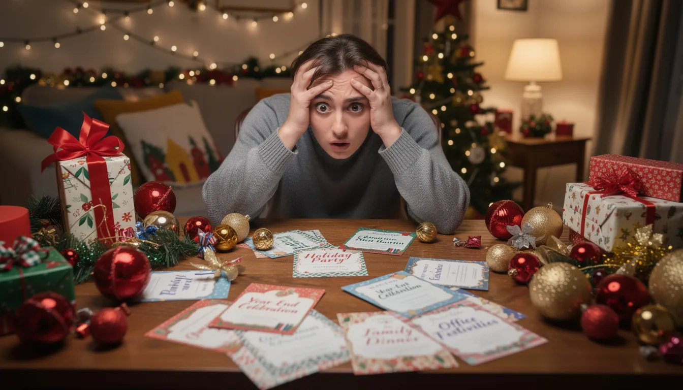The image depicts a person looking overwhelmed amidst an array of holiday decorations and party invitations, illustrating the stress that can arise during festive seasons. This scene highlights the importance of effective stress management techniques and self-care strategies to cope with feelings of anxiety and maintain emotional well-being during challenging situations.