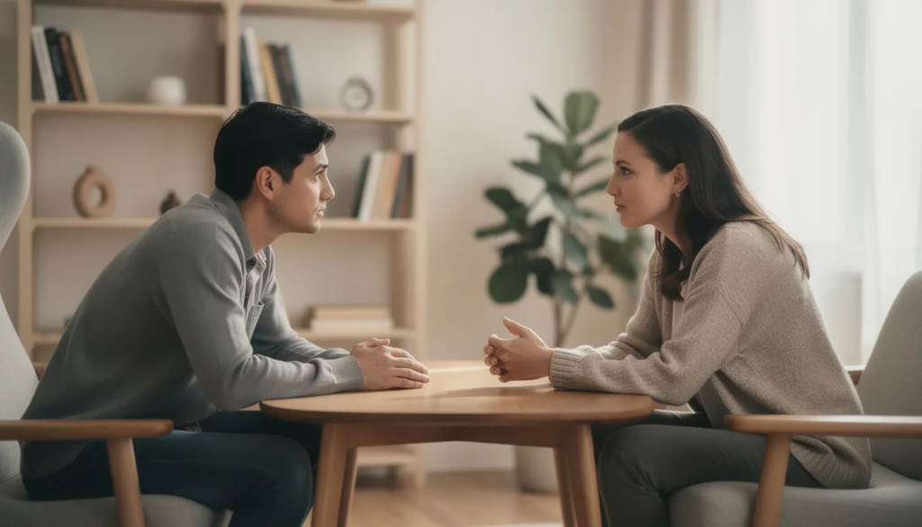 The image depicts two people engaged in a calm conversation across a table, symbolizing healthy communication and the establishment of healthy boundaries in their relationship. This scene reflects the importance of mutual support and understanding one's own needs and feelings in fostering healthy relationships.