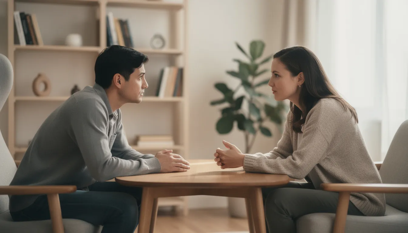 The image depicts two people engaged in a calm conversation across a table, symbolizing healthy communication and the establishment of healthy boundaries in their relationship. This scene reflects the importance of mutual support and understanding one's own needs and feelings in fostering healthy relationships.