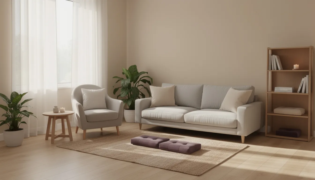 Serene and modern therapy room at a luxury opiate rehab center featuring comfortable seating, natural light, and a calming environment for addiction treatment.