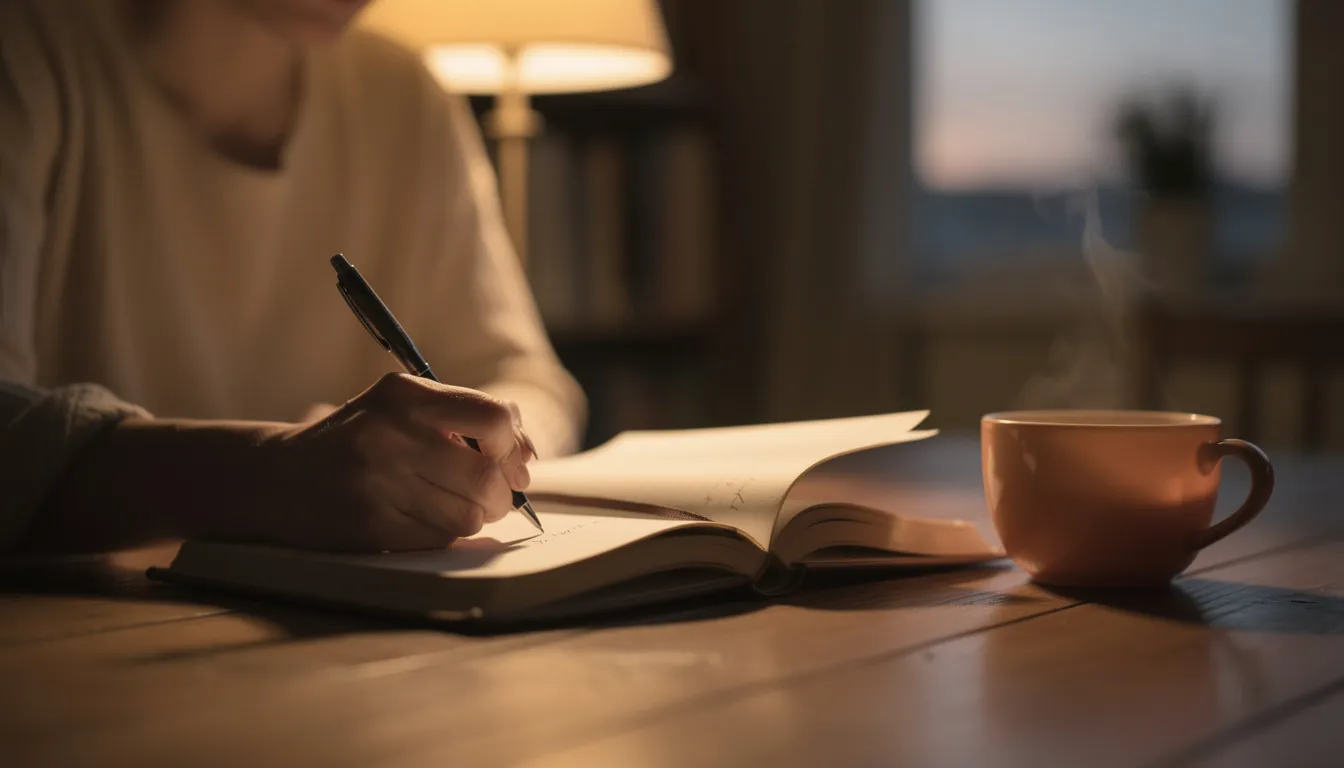 A person is seated at a cozy table, writing in a journal while a warm cup of tea rests nearby, symbolizing a self care routine that supports mental and emotional health during recovery. This scene reflects the importance of personal reflection and mindfulness practices in addiction recovery and overall well being.