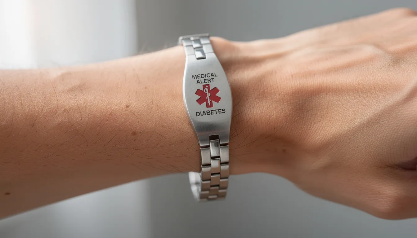 The image shows a medical alert bracelet worn on a person's wrist, designed to alert others about important health information, such as a history of alcohol use disorder or potential severe reactions to alcohol consumption. This bracelet is crucial for individuals taking disulfiram, as it helps ensure immediate medical attention in case of adverse events related to alcohol intake.